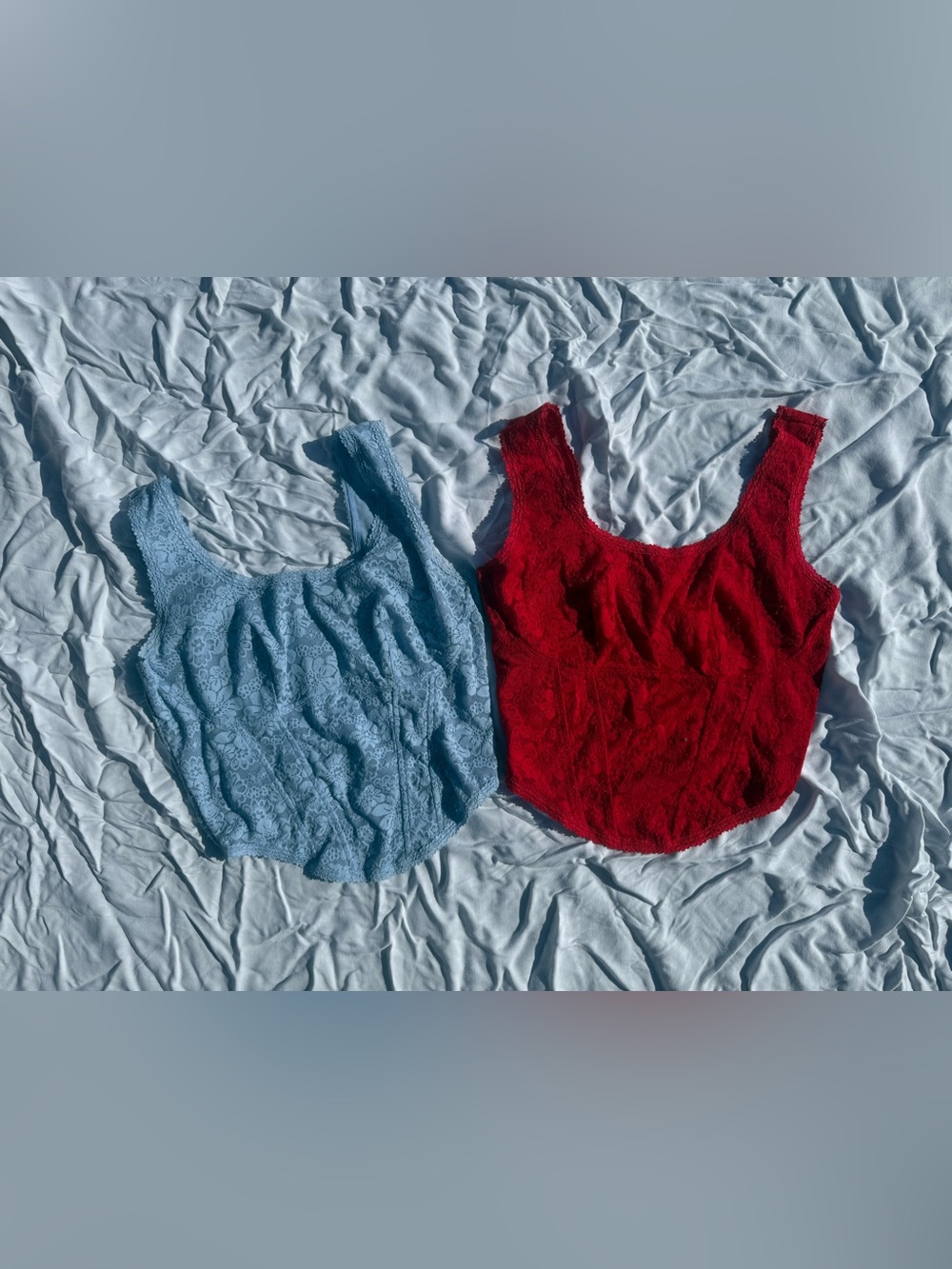 Set of Two Victoria’s Secret Corset Bra Tops — Light Blue & Red Lace -Small DD